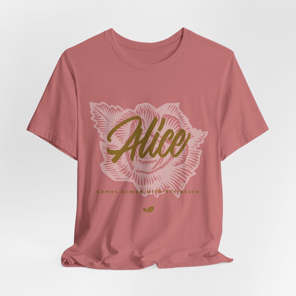 Alice Floral Tee — 'Alice' Script with Rose Illustration