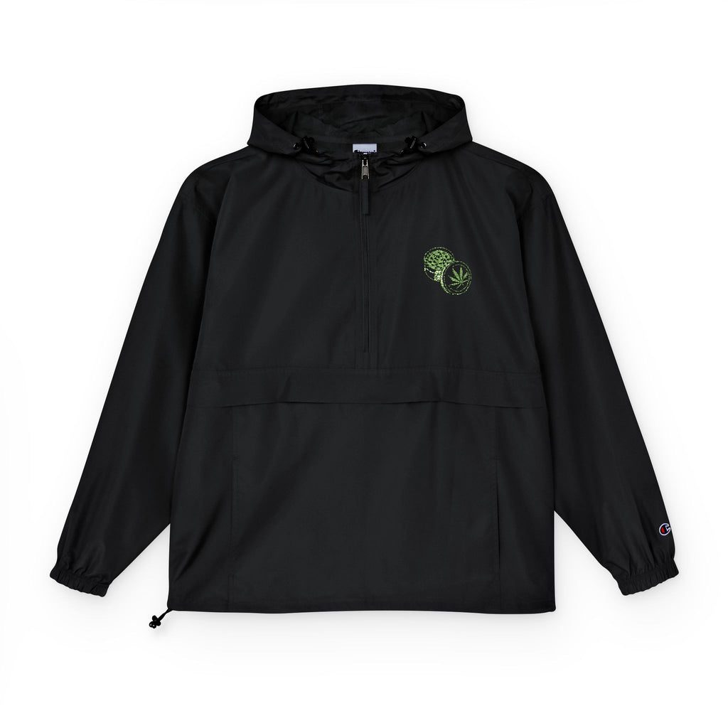 Emberleaf Windbreaker Jacket — Packable Black Anorak with Green Leaf Graphic