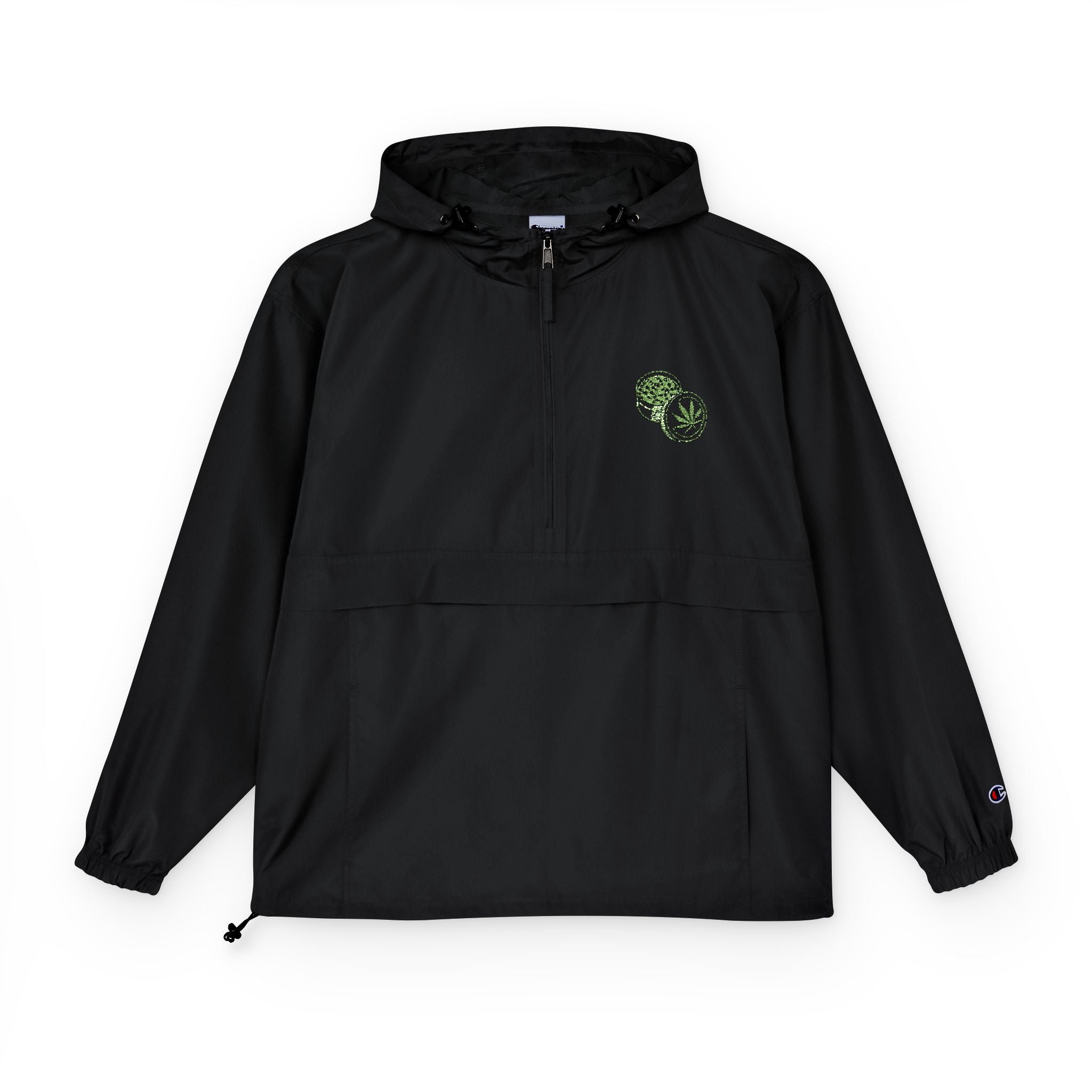 Emberleaf Windbreaker Jacket — Packable Black Anorak with Green Leaf Graphic