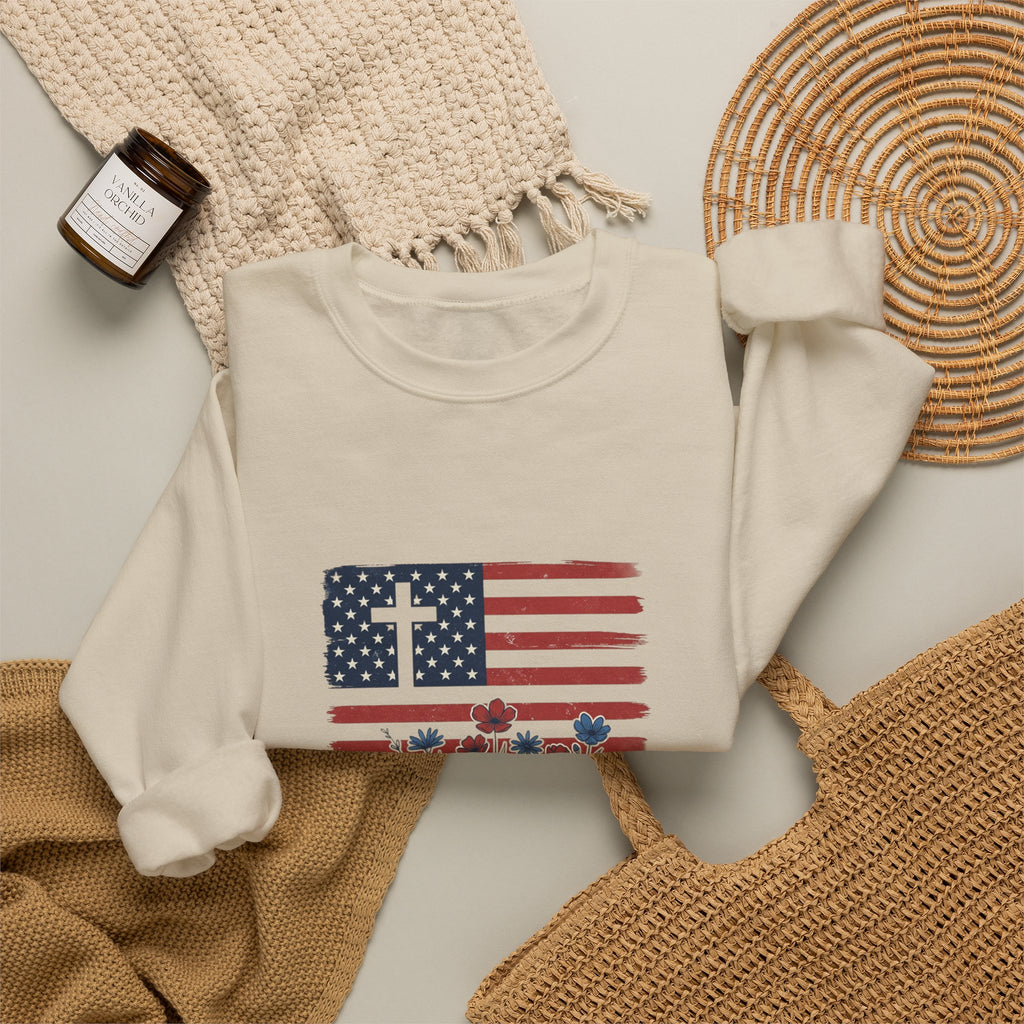 Blessed is the Nation flag cross floral Sweatshirt | Faith and Freedom 4th of July