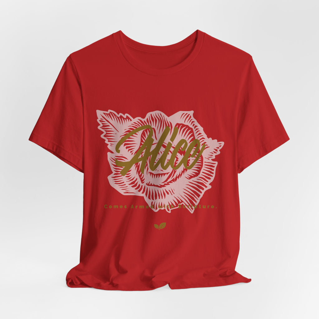 Alice Floral Tee — 'Alice' Script with Rose Illustration