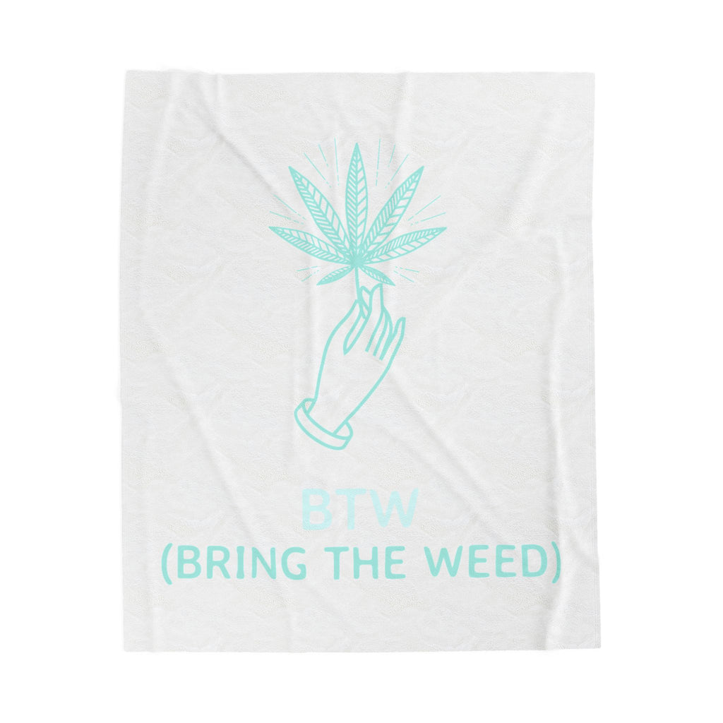 Velveteen Plush Blanket — 'BTW (Bring The Weed)' Mint Cannabis Leaf Throw