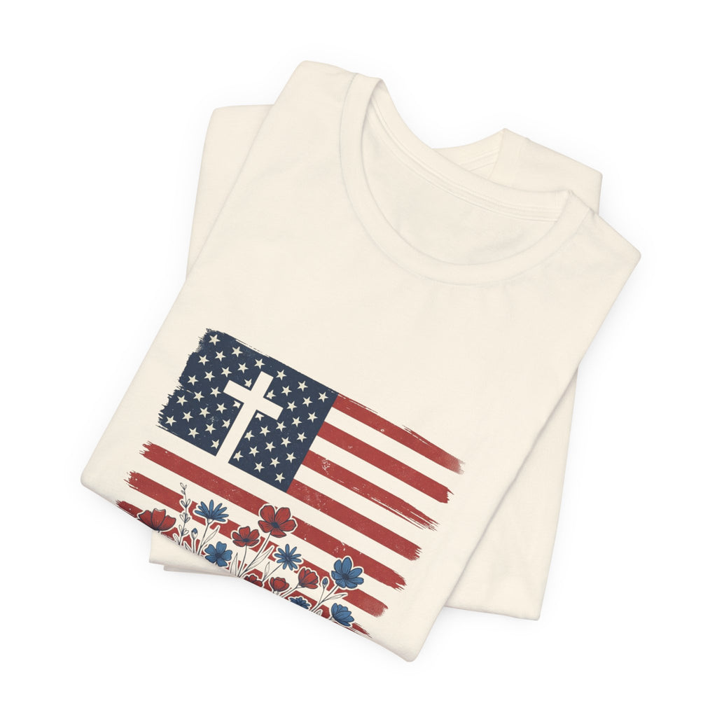 Blessed Is The Nation Flag Cross T-Shirt | Faith & Freedom 4th of July