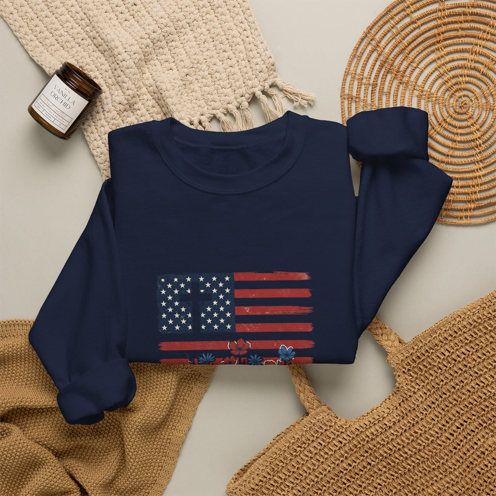 Blessed is the Nation flag cross floral Sweatshirt | Faith and Freedom 4th of July