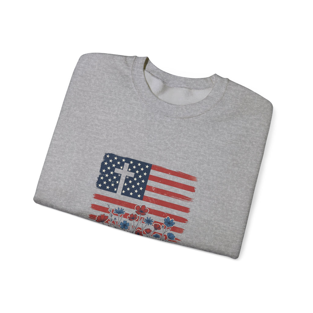 Blessed is the Nation flag cross floral Sweatshirt | Faith and Freedom 4th of July