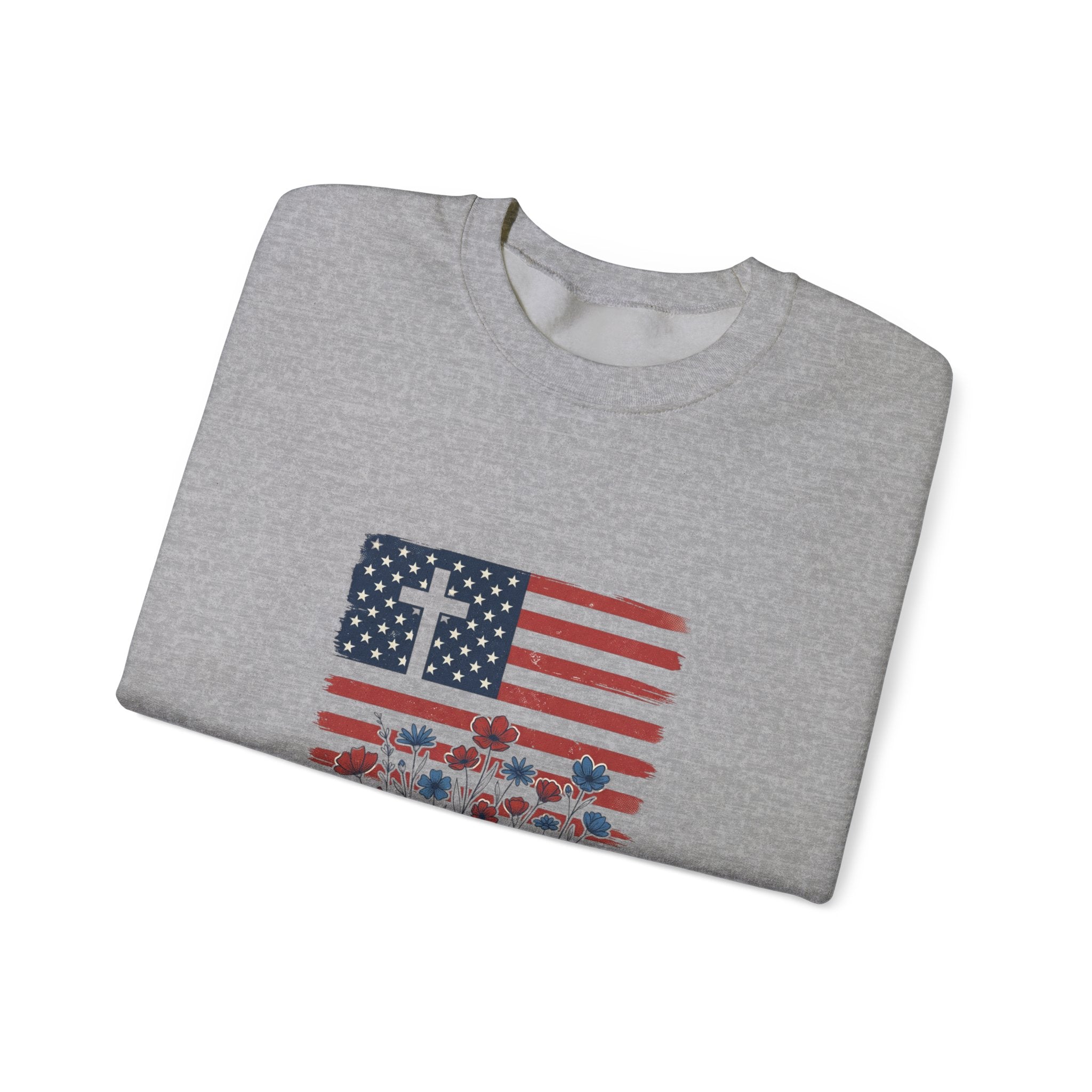 Blessed is the Nation flag cross floral Sweatshirt | Faith and Freedom 4th of July