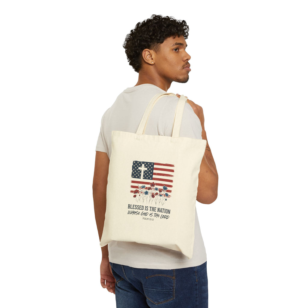 Blessed Is the Nation American Flag Cross Tote | Faith & Freedom 4th of July
