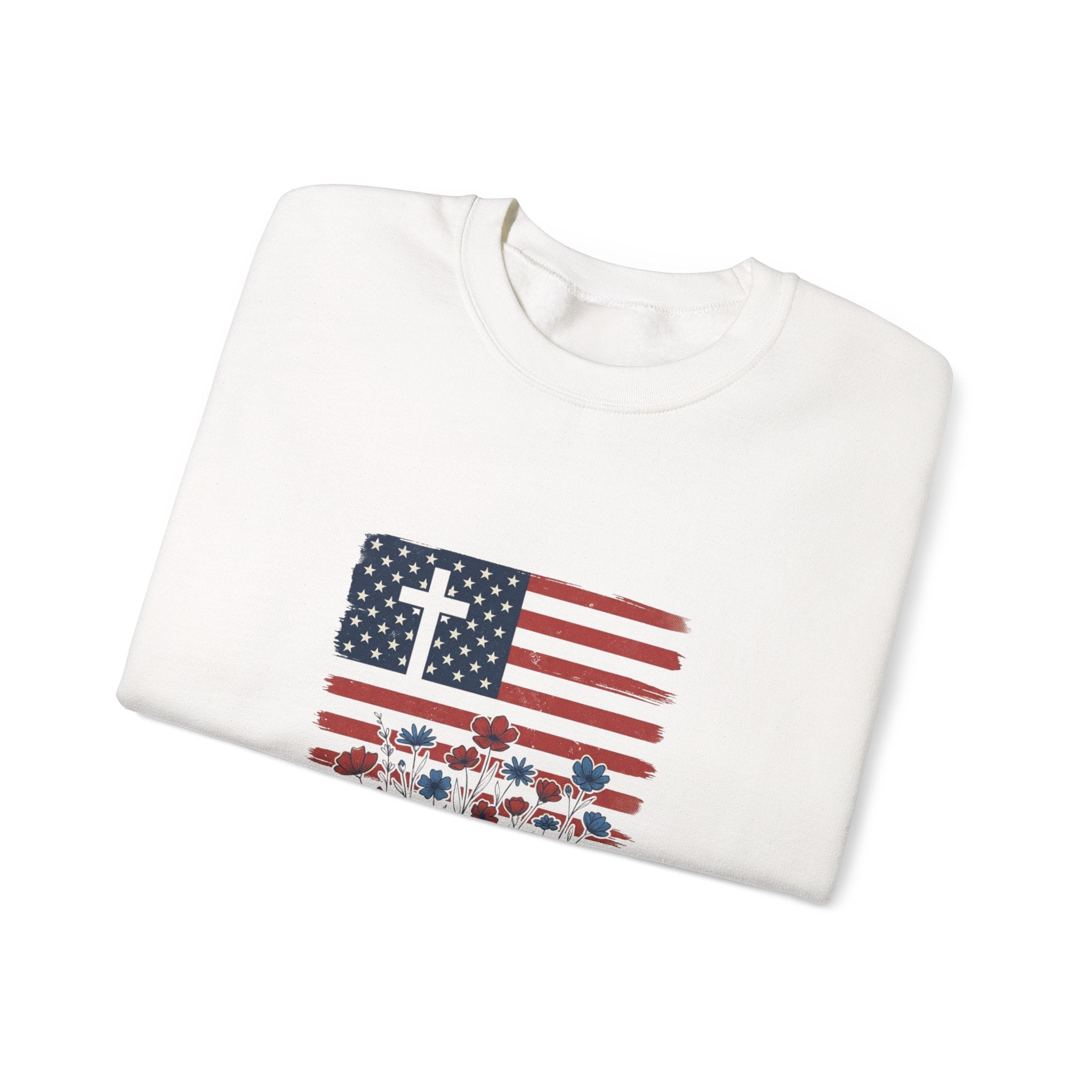 Blessed is the Nation flag cross floral Sweatshirt | Faith and Freedom 4th of July