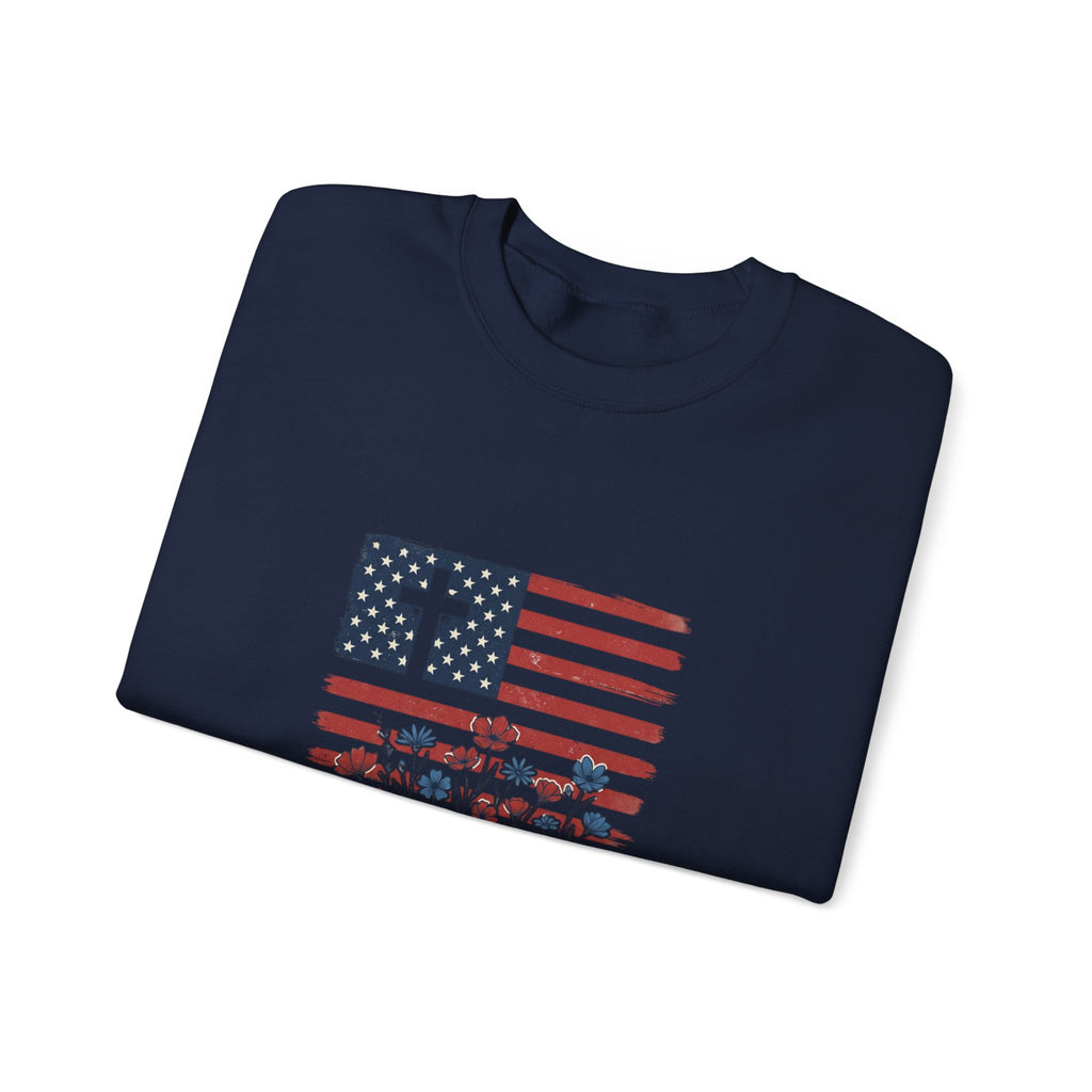 Blessed is the Nation flag cross floral Sweatshirt | Faith and Freedom 4th of July