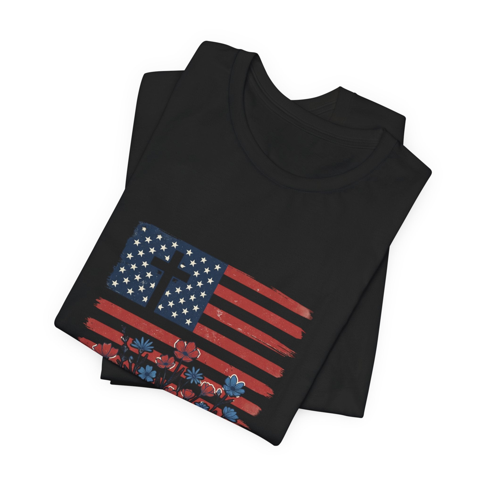 Blessed Is The Nation Flag Cross T-Shirt | Faith & Freedom 4th of July