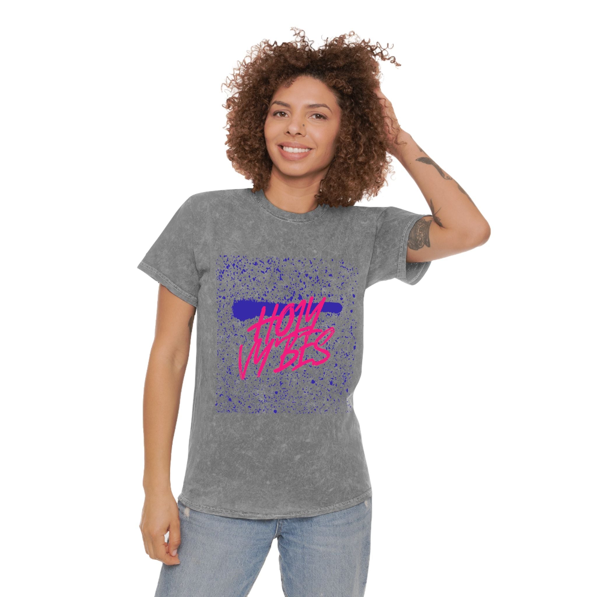 Retro "Holy Vibes" Mineral Wash T‑Shirt — 80s Neon Graphic Tee