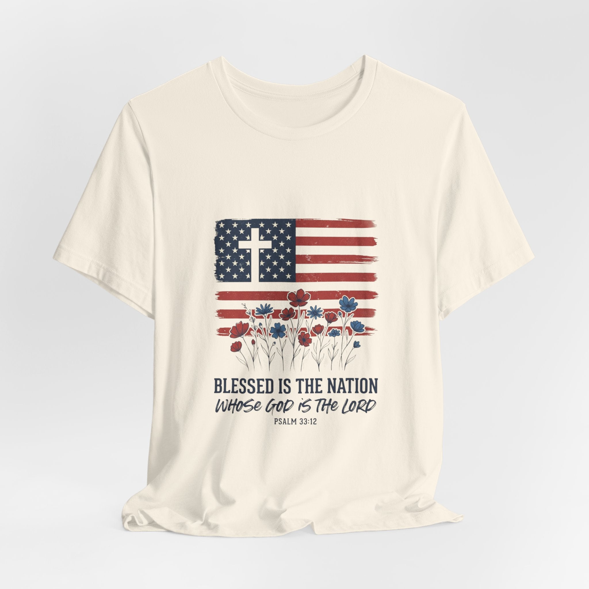 Blessed Is The Nation Flag Cross T-Shirt | Faith & Freedom 4th of July