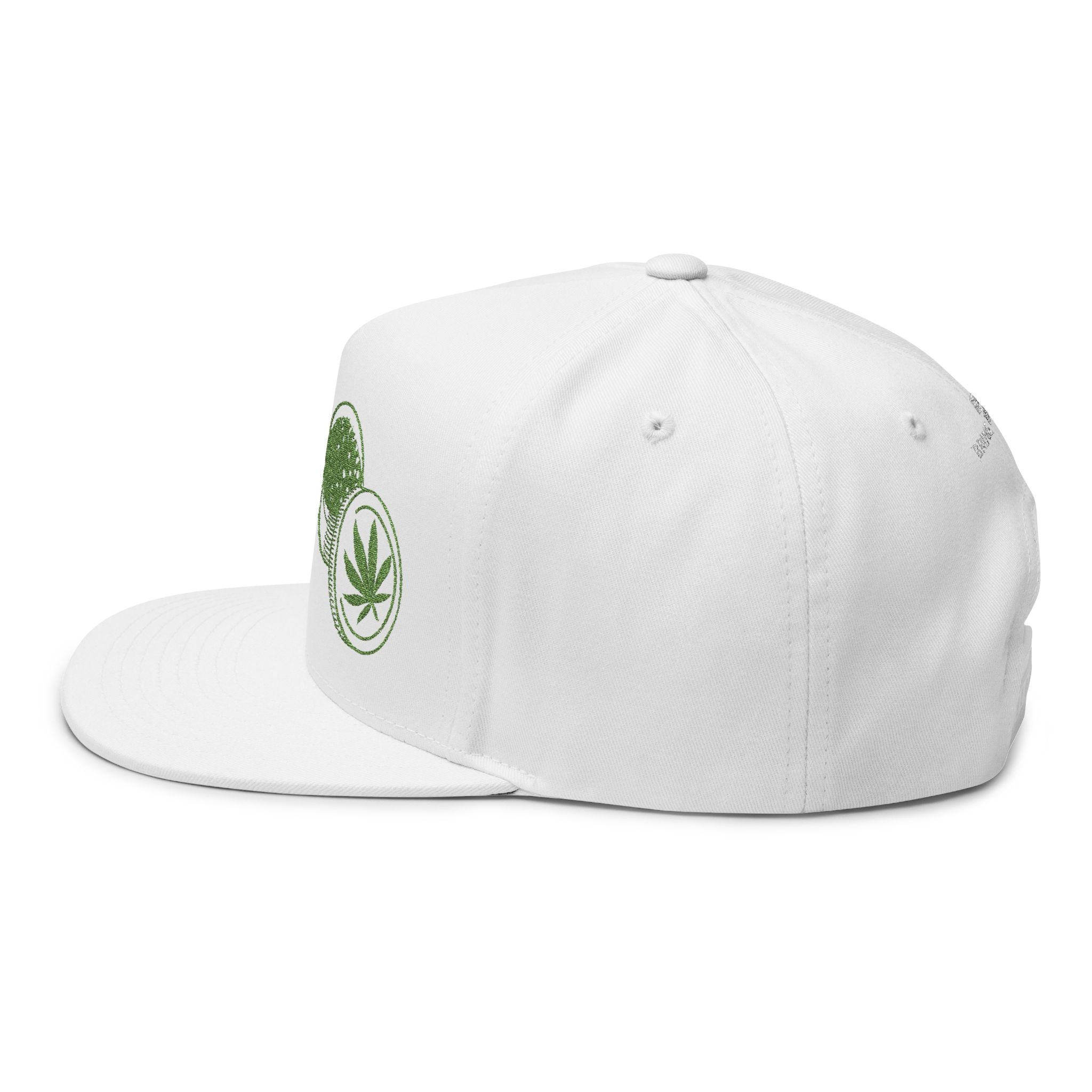 Embroidered Grinder & Leaf Flat Bill Cap — White Snapback Hat