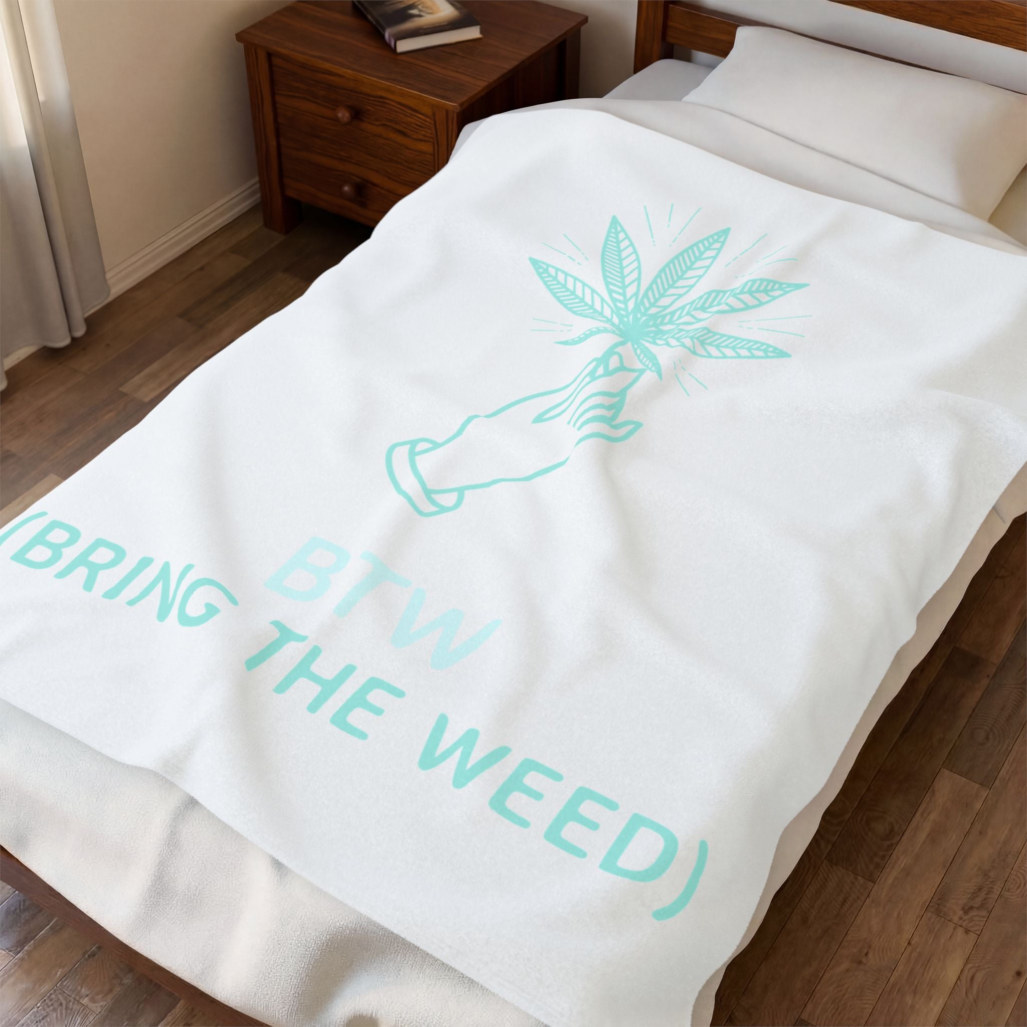 Velveteen Plush Blanket — 'BTW (Bring The Weed)' Mint Cannabis Leaf Throw