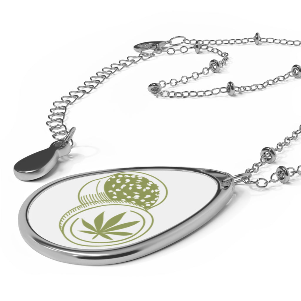 Oval Cannabis Token Necklace — Silver Teardrop Pendant with Leaf Coin Design