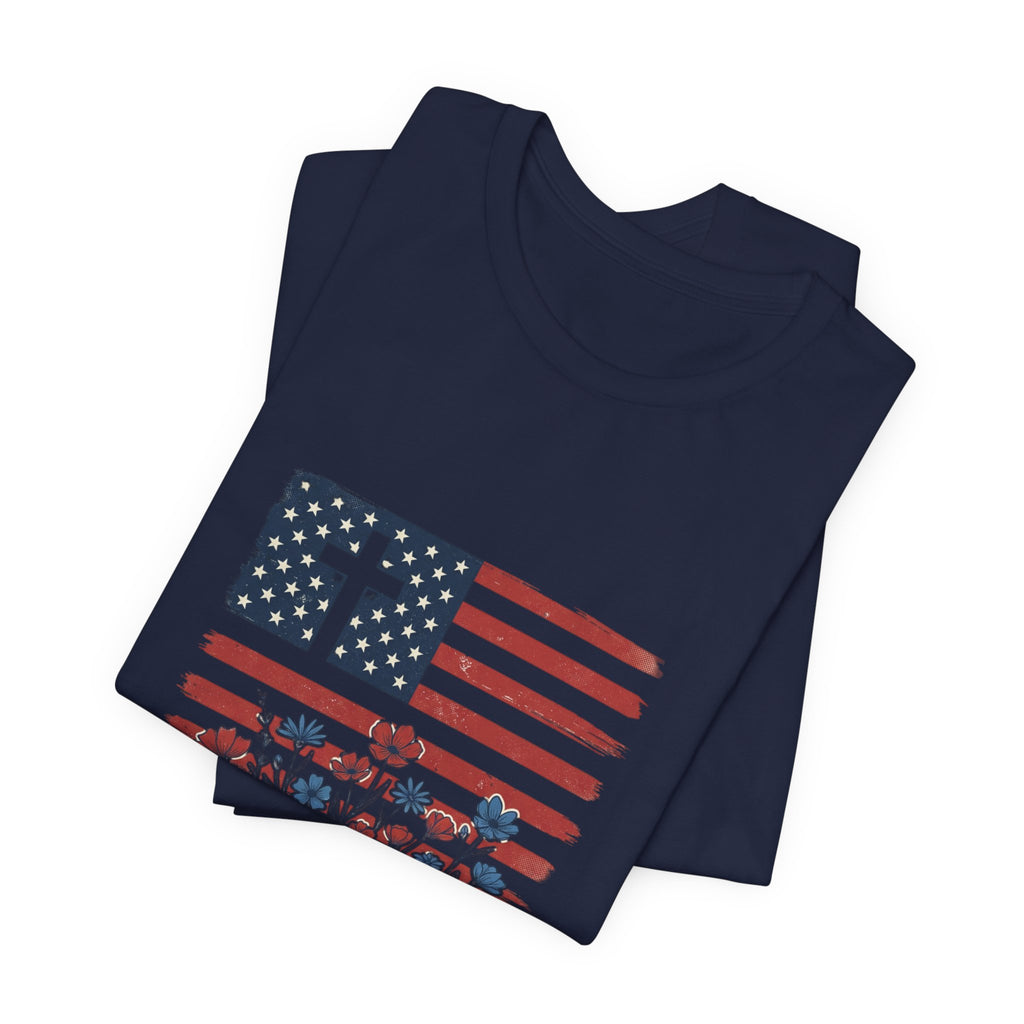 Blessed Is The Nation Flag Cross T-Shirt | Faith & Freedom 4th of July