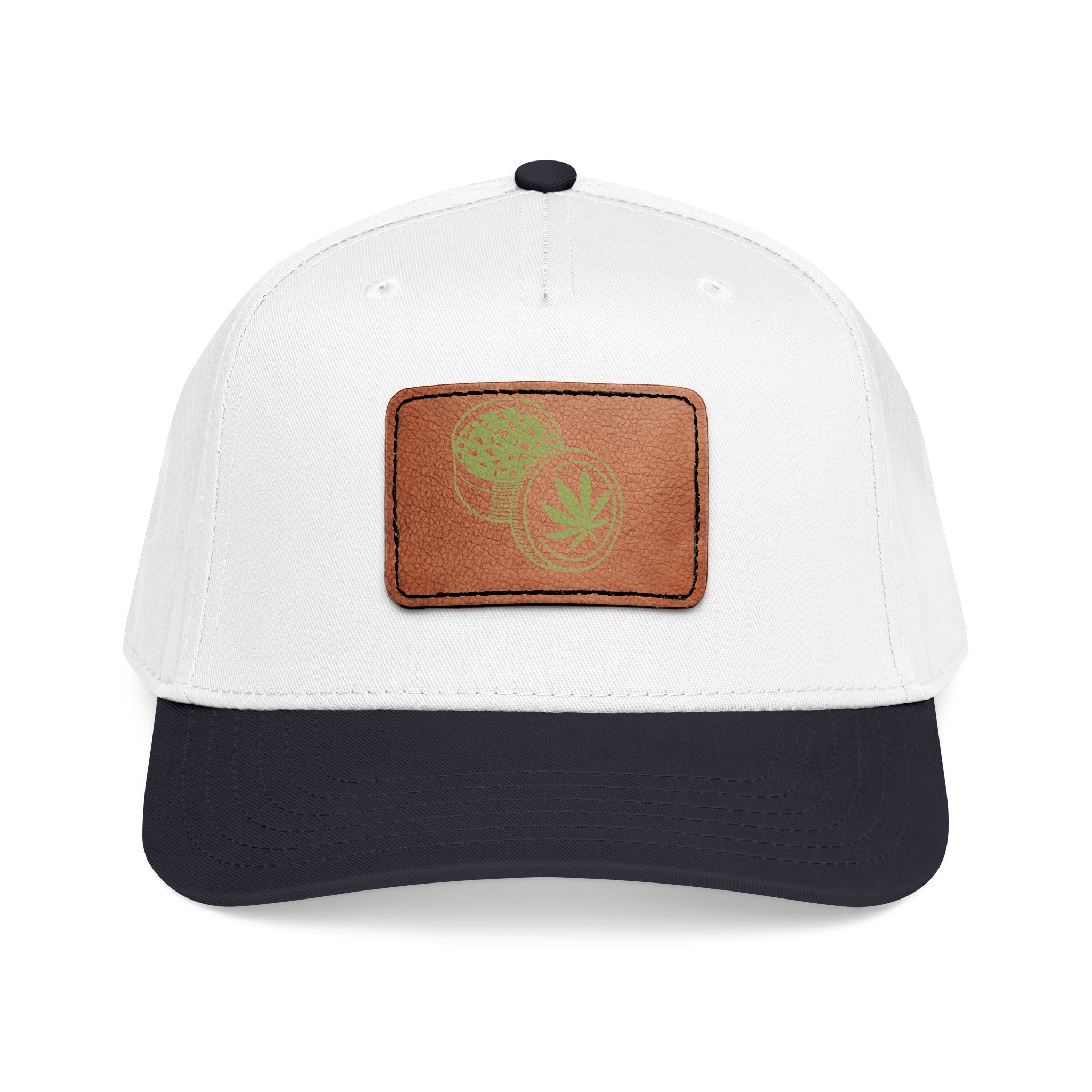 Leather Patch Baseball Cap — Retro Botanical Leaf Design