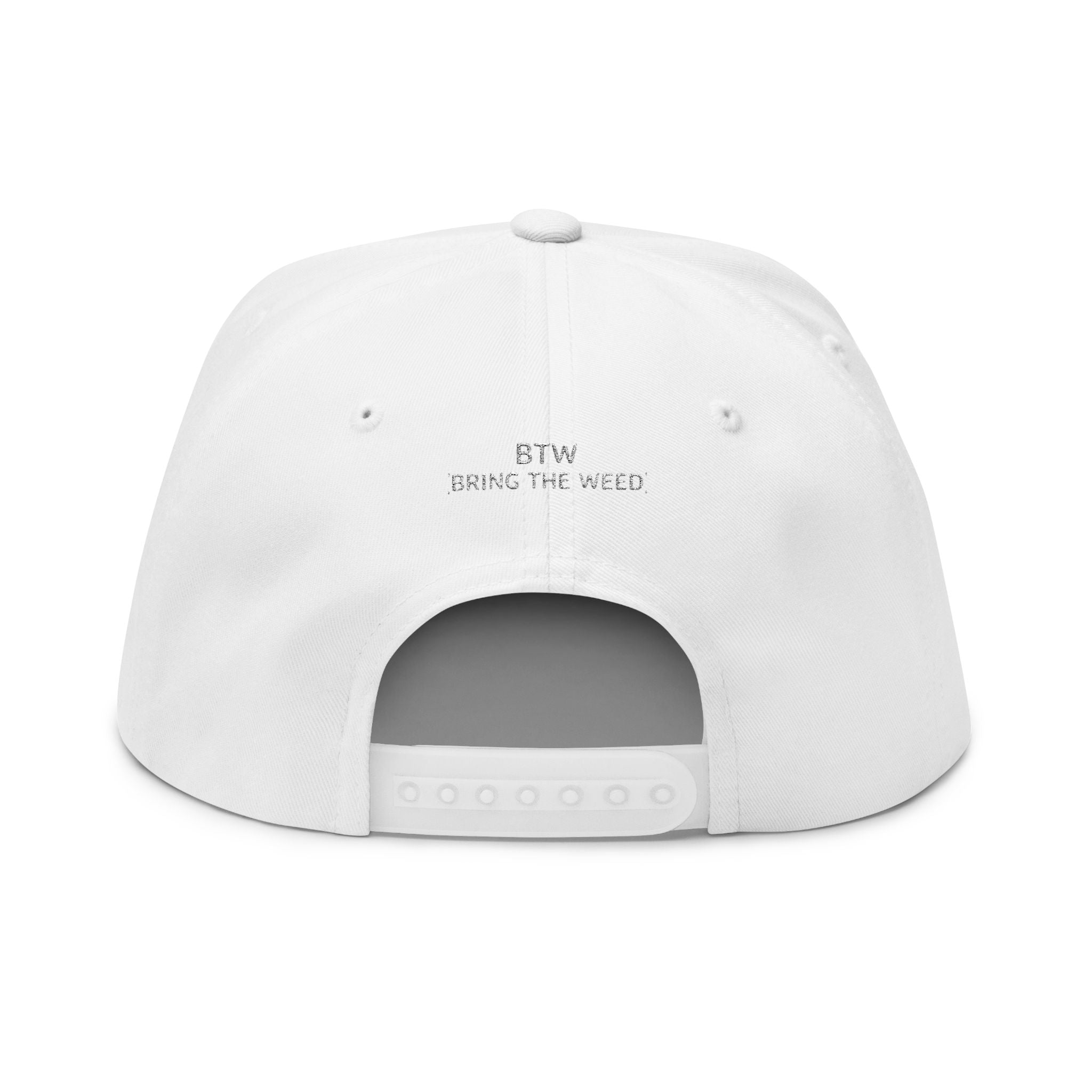 Embroidered Grinder & Leaf Flat Bill Cap — White Snapback Hat