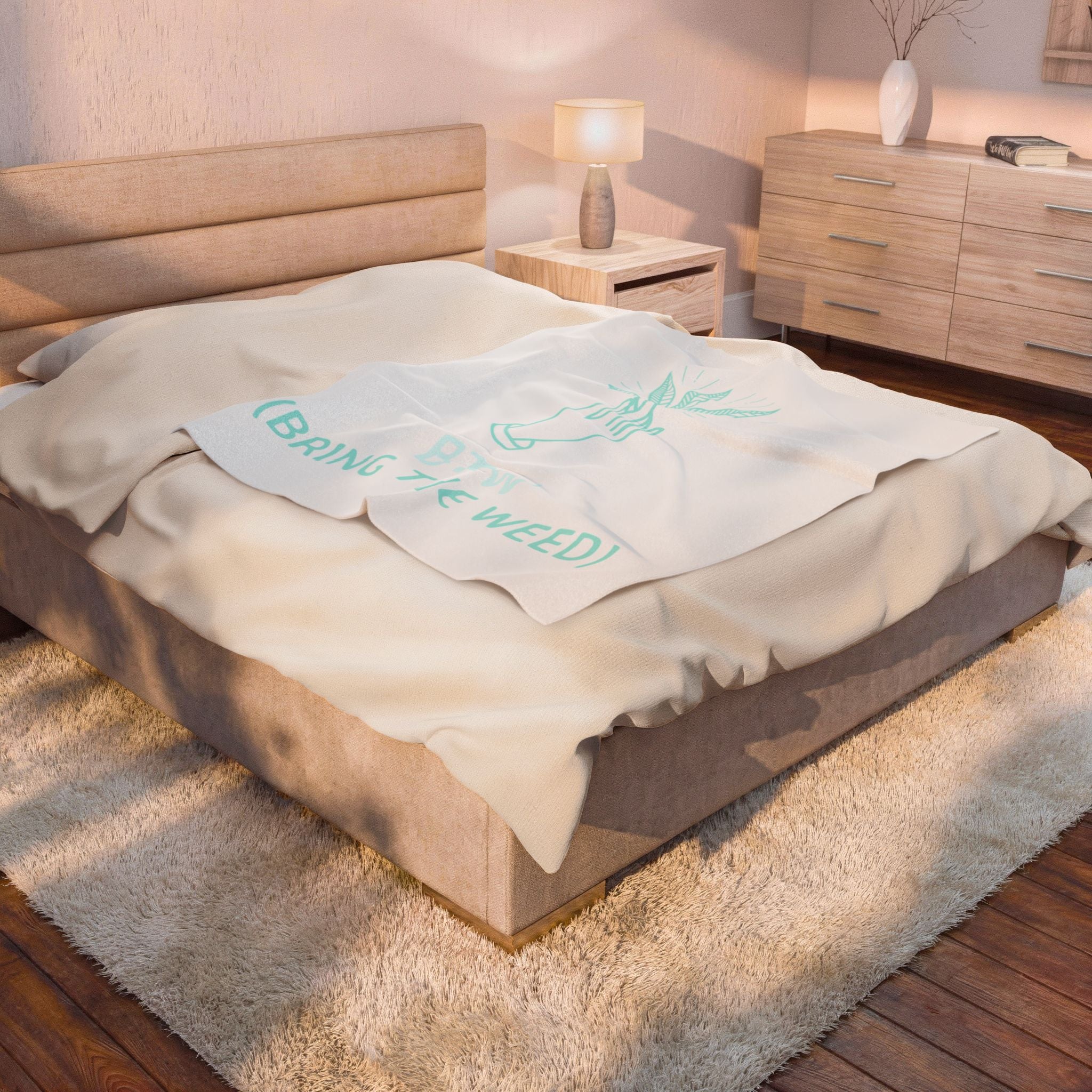 Velveteen Plush Blanket — 'BTW (Bring The Weed)' Mint Cannabis Leaf Throw