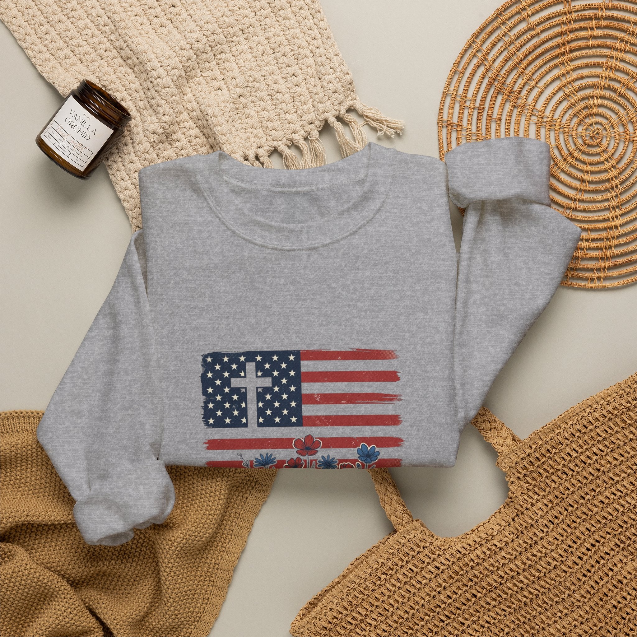 Blessed is the Nation flag cross floral Sweatshirt | Faith and Freedom 4th of July