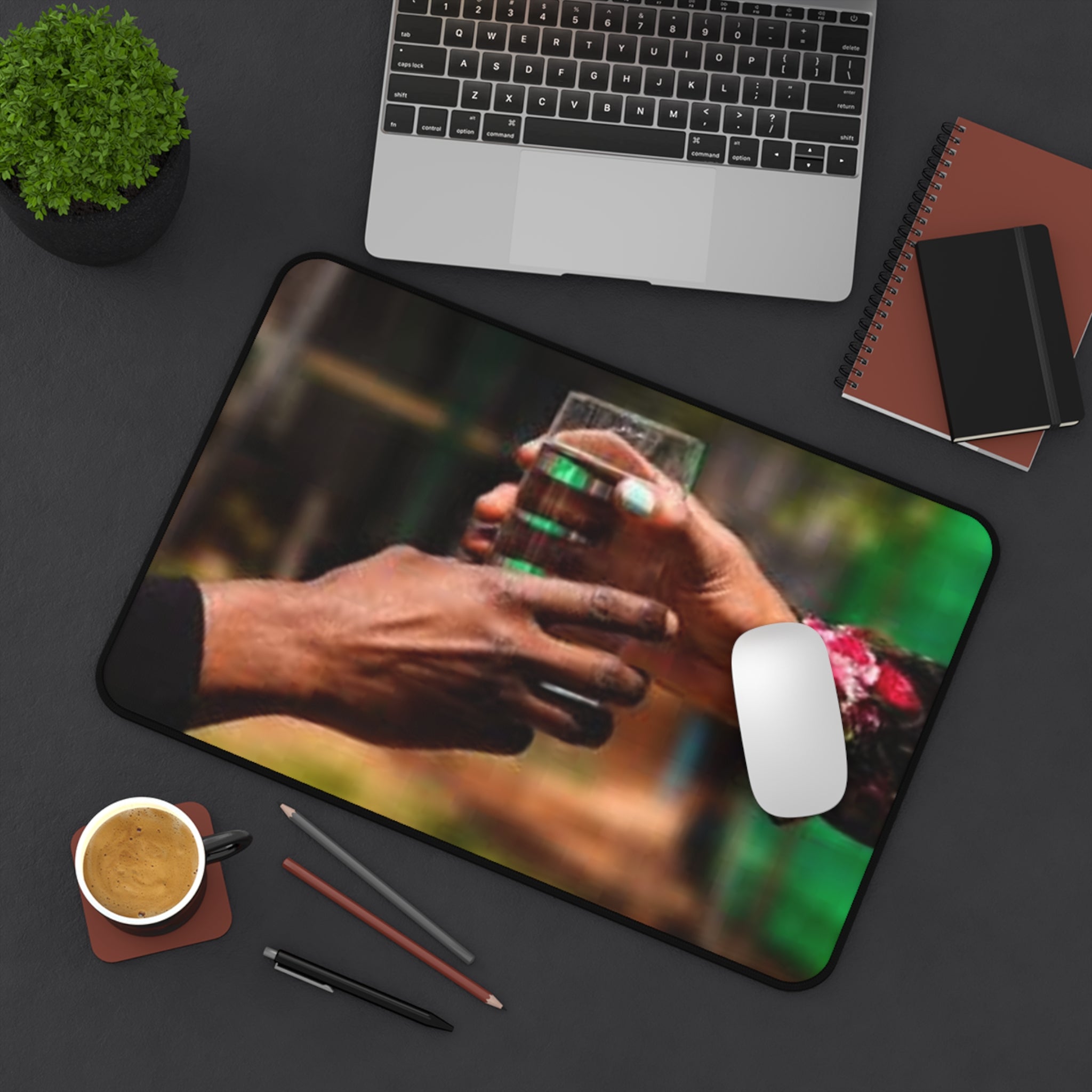 Desk Mat — Hands Sharing Glass Art Print Desk Mat (Cozy, Community Vibe)