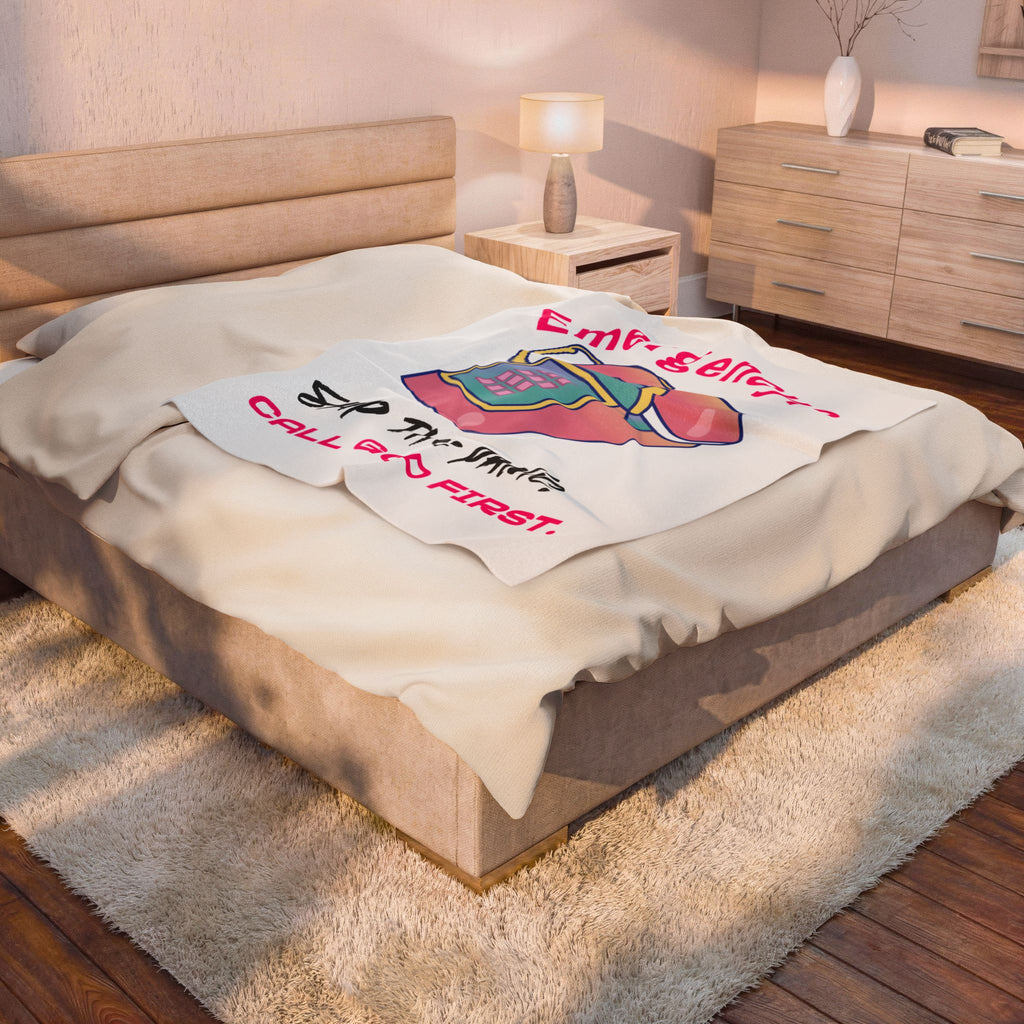 Velveteen Plush Blanket — "Emergency? Skip the Panic, Call God First" Christian Throw