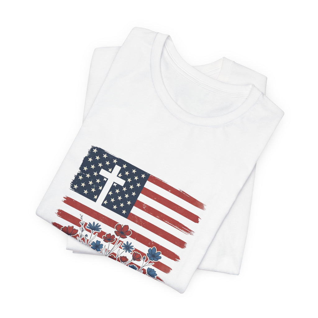 Blessed Is The Nation Flag Cross T-Shirt | Faith & Freedom 4th of July