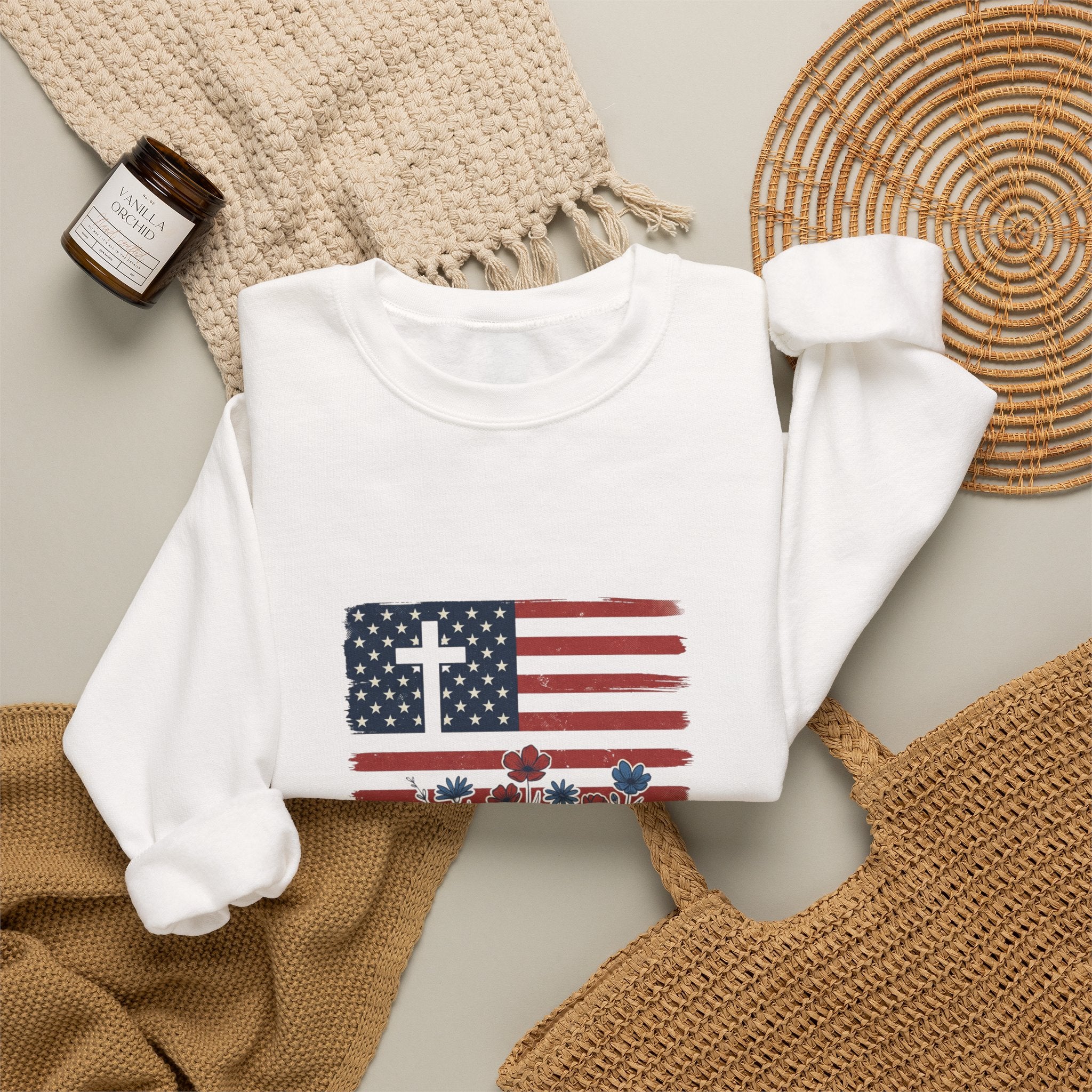 Blessed is the Nation flag cross floral Sweatshirt | Faith and Freedom 4th of July