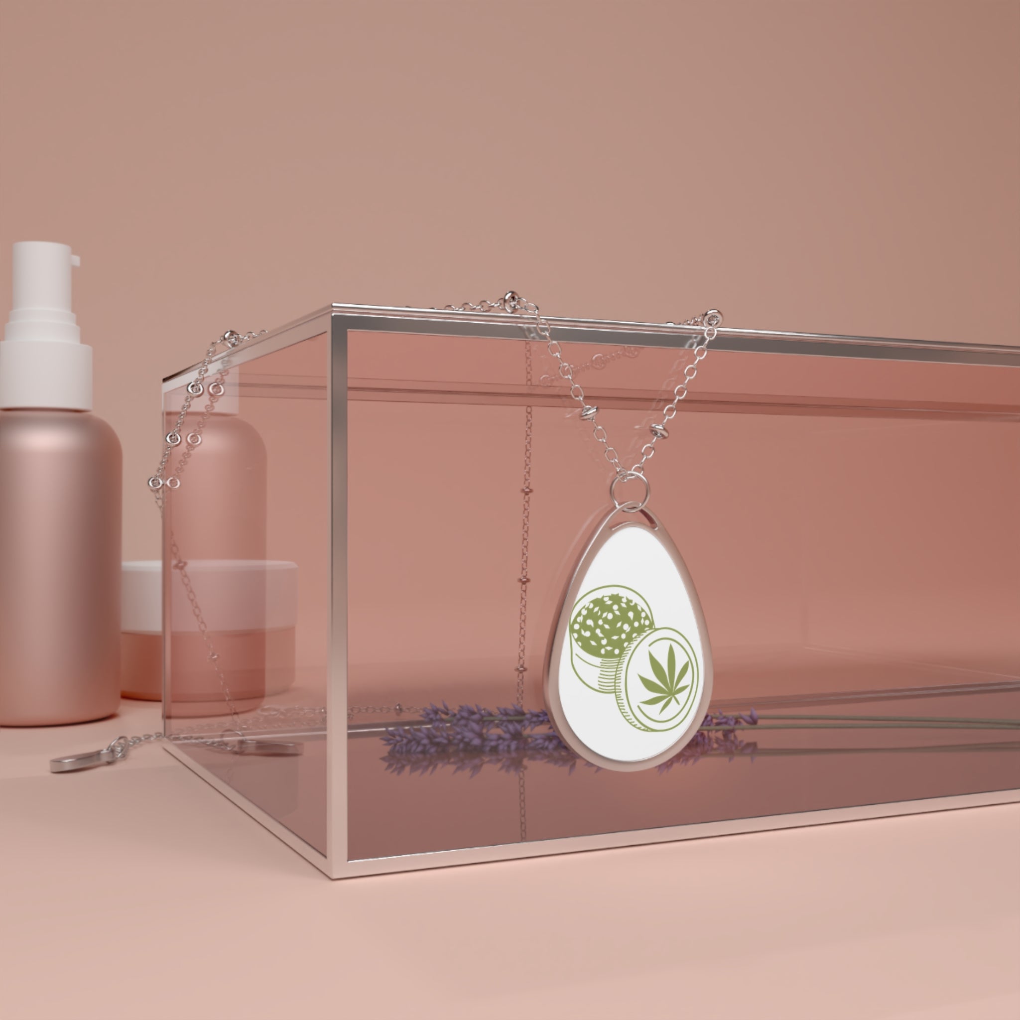 Oval Cannabis Token Necklace — Silver Teardrop Pendant with Leaf Coin Design