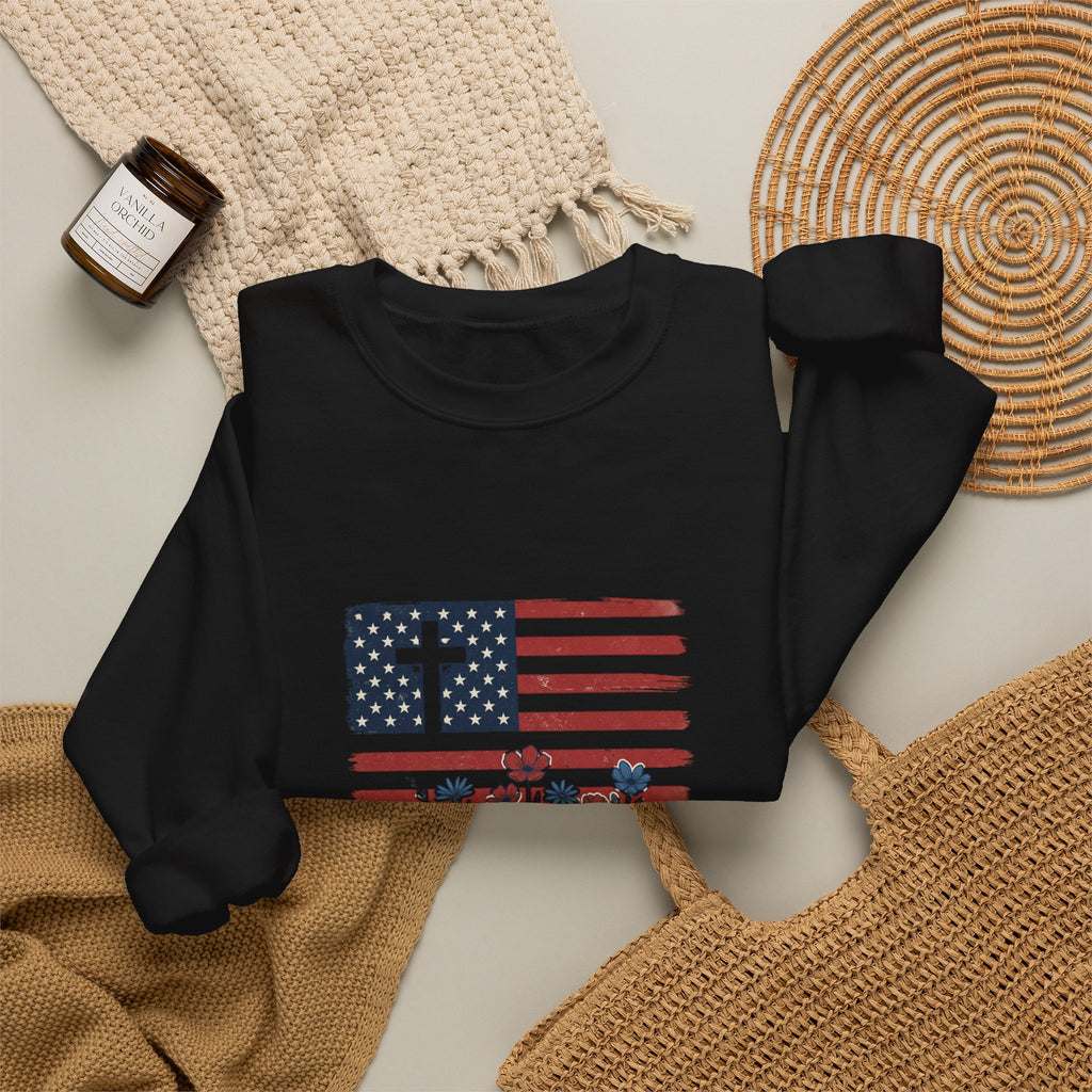 Blessed is the Nation flag cross floral Sweatshirt | Faith and Freedom 4th of July