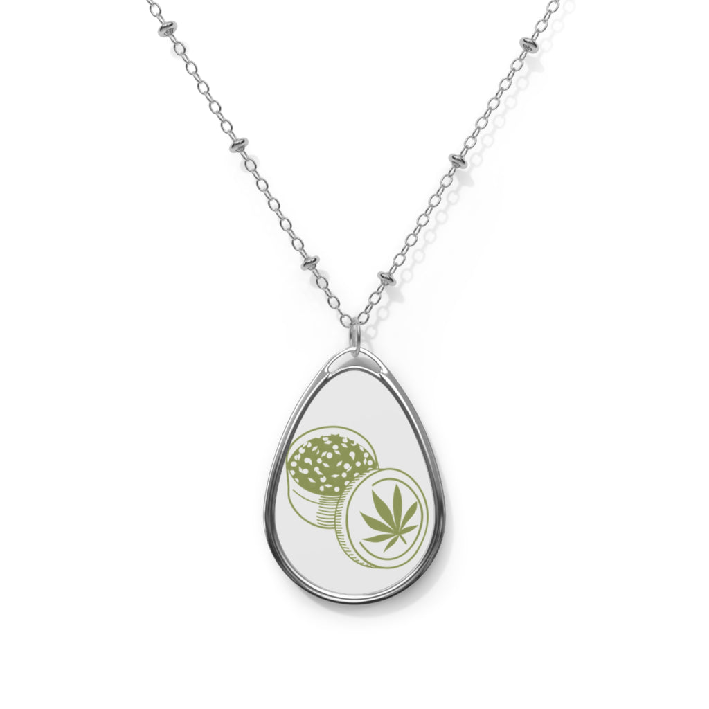 Oval Cannabis Token Necklace — Silver Teardrop Pendant with Leaf Coin Design