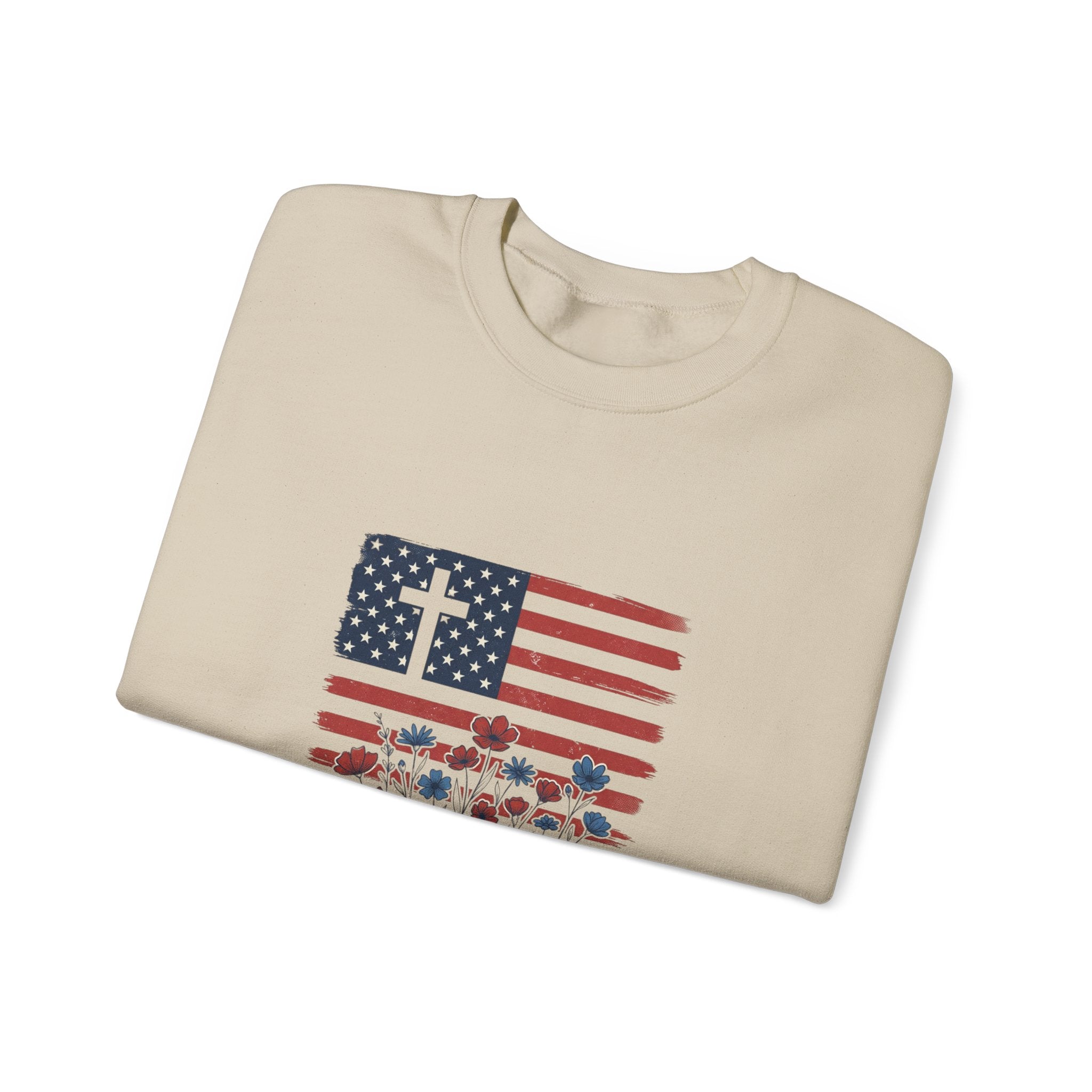 Blessed is the Nation flag cross floral Sweatshirt | Faith and Freedom 4th of July