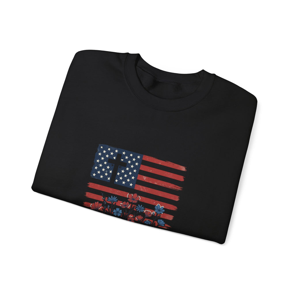 Blessed is the Nation flag cross floral Sweatshirt | Faith and Freedom 4th of July