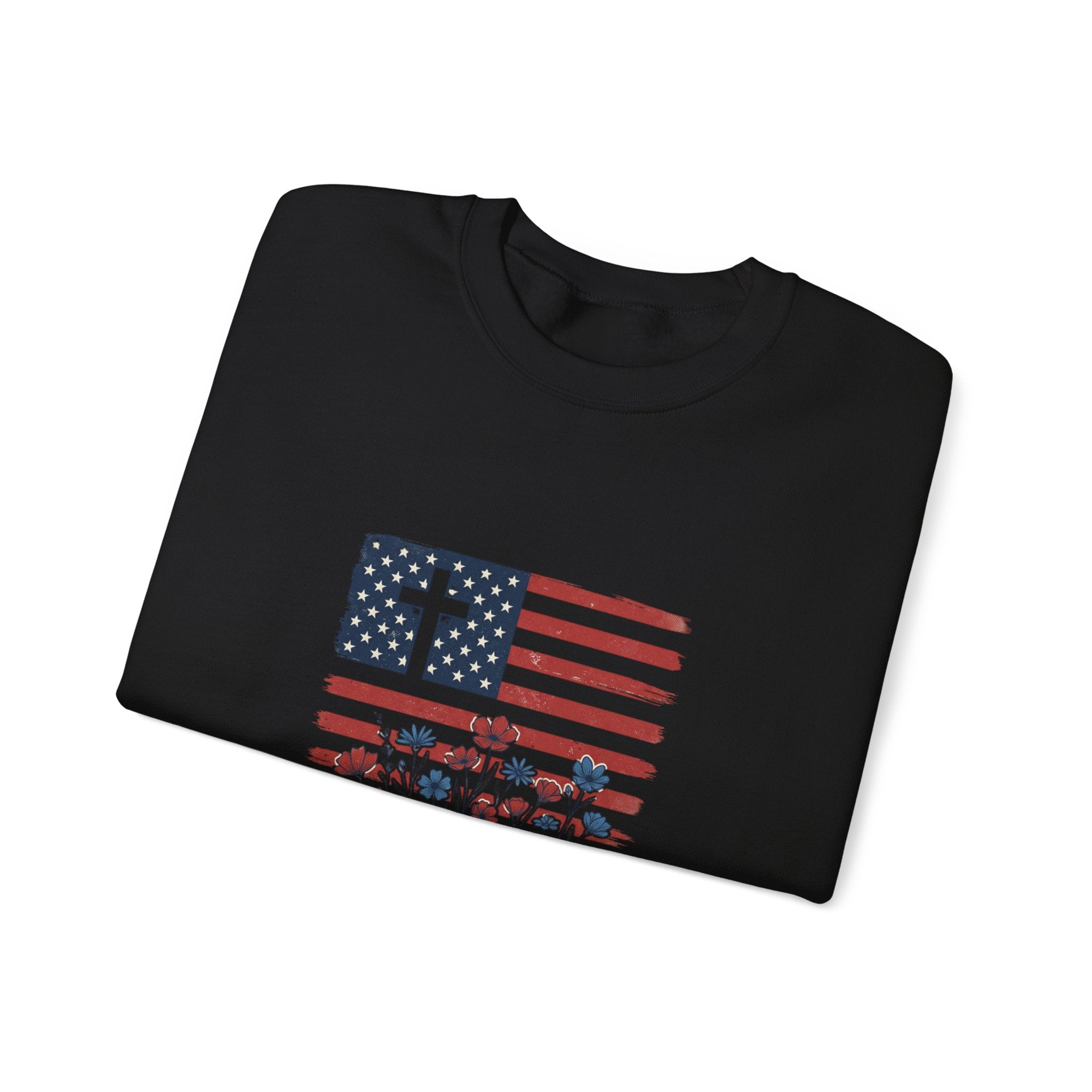 Blessed is the Nation flag cross floral Sweatshirt | Faith and Freedom 4th of July