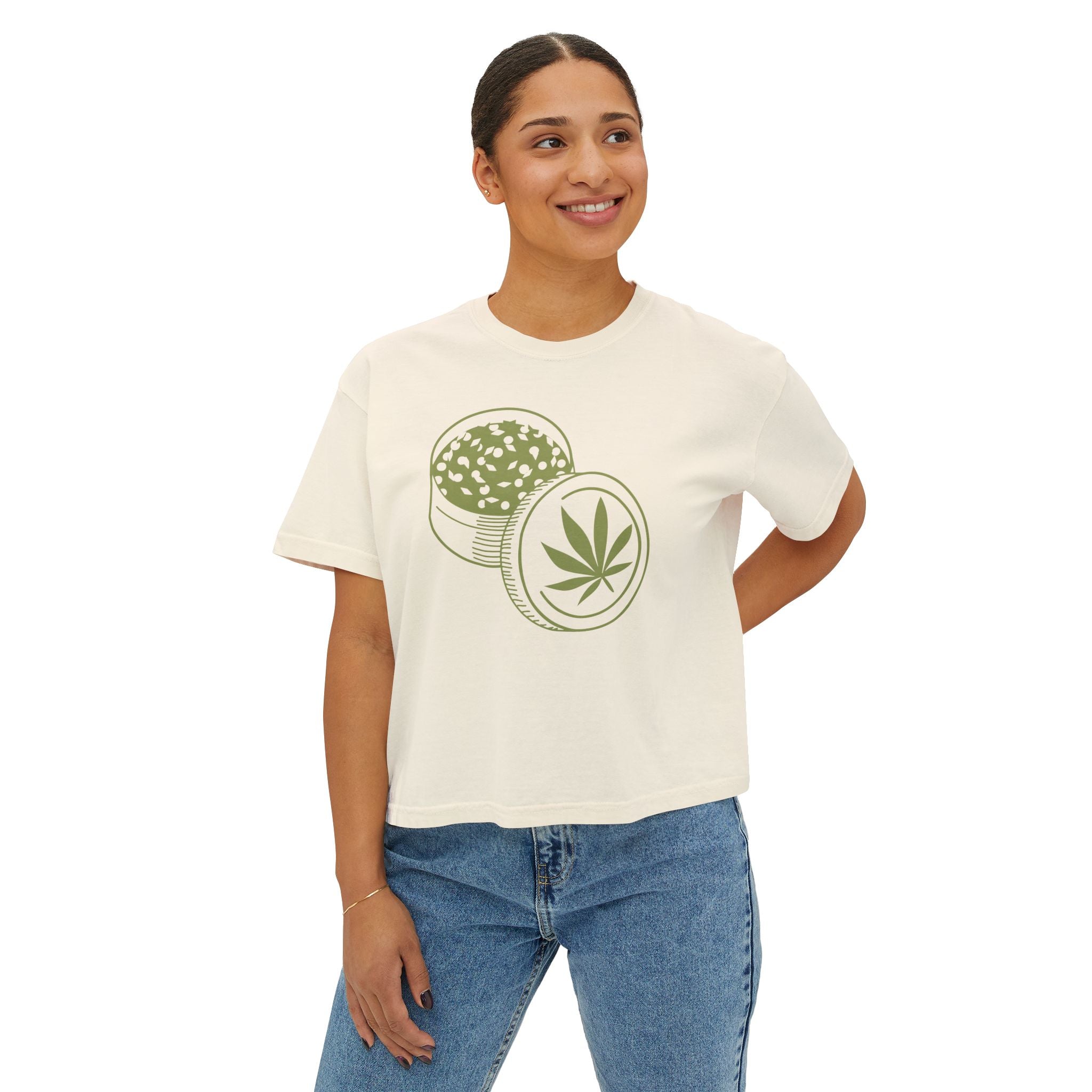 Grinder Leaf Women's Boxy Tee — Cannabis Herb Graphic Crop Top