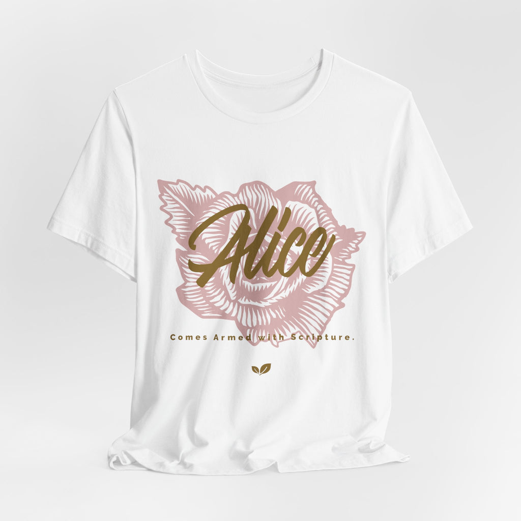 Alice Floral Tee — 'Alice' Script with Rose Illustration